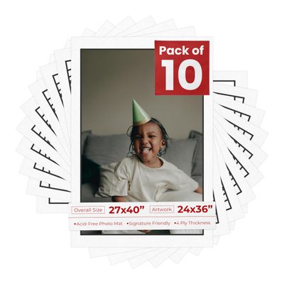 Poster Palooza Pack of TEN 27x40 Mats Bevel Cut for 24x36 Photos - Acid Free White with Black Core Precut Matboards For Pictures, Photos, Framing - 4-ply Thickness