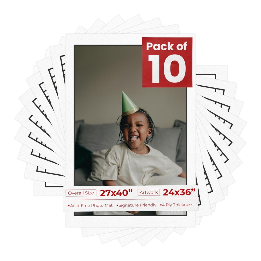 Poster Palooza Pack of TEN 27x40 Mats Bevel Cut for 24x36 Photos - Acid Free White with Black Core Precut Matboards For Pictures, Photos, Framing - 4-ply Thickness