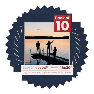 Pack of Ten Acid Free 22x26 Mats Bevel Cut for 18x20 Photos - Navy Suede Precut Matboards With Backing Boards and Self Seal Photo Mat Bags For Pictures, Photos, Framing - 4-ply Thickness