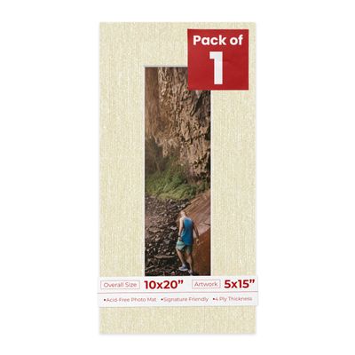 10x20 Mat Bevel Cut for 5x15 Photos - Acid Free Fresh Linen Canvas Precut Matboard With Backing Board and Crystal Clear, Self Seal Photo Mat Bag - For Pictures, Photos, Framing - 4-ply Thickness