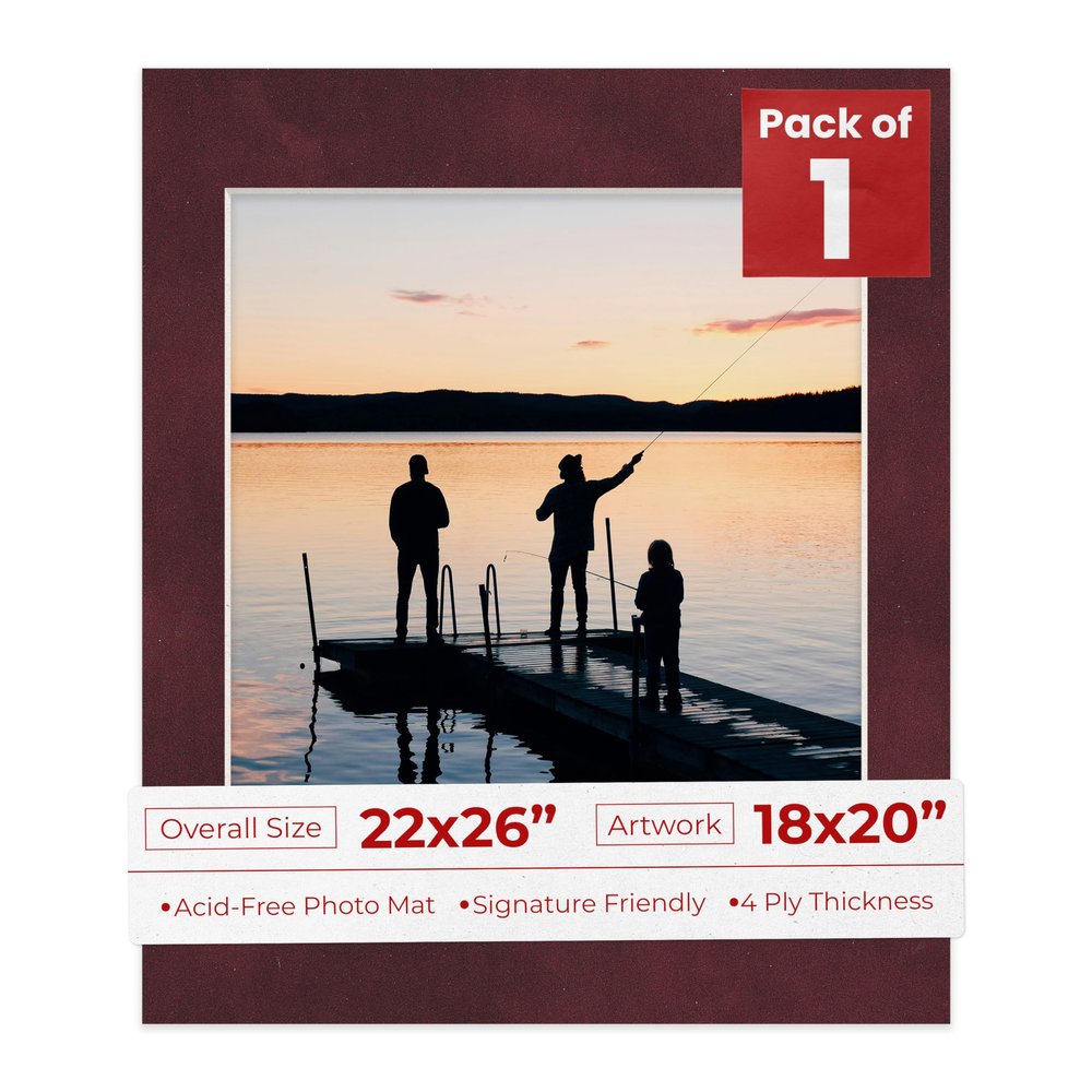 22x26 Mat Bevel Cut for 18x20 Photos - Acid Free Dark Red Suede Precut Matboard With Backing Board and Crystal Clear, Self Seal Photo Mat Bag - For Pictures, Photos, Framing - 4-ply Thickness