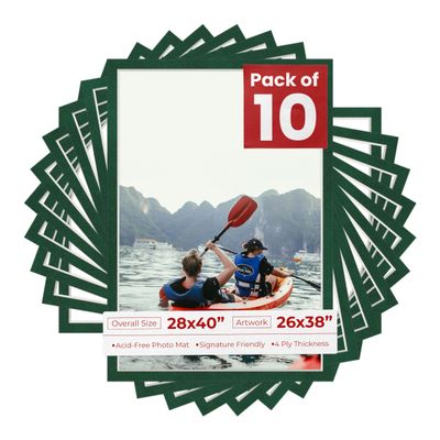 Poster Palooza Pack of TEN 28x40 Mats Bevel Cut for 26x38 Photos - Acid Free Green Suede Precut Matboards For Pictures, Photos, Framing - 4-ply Thickness