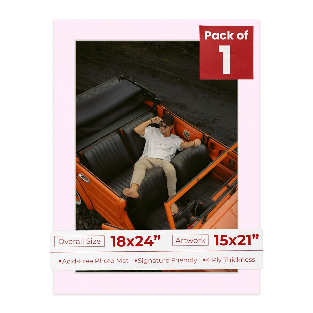 18x24 Mat Bevel Cut for 15x21 Photos - Acid Free Soft Pink Precut Matboard With Backing Board and Crystal Clear, Self Seal Photo Mat Bag - For Pictures, Photos, Framing - 4-ply Thickness