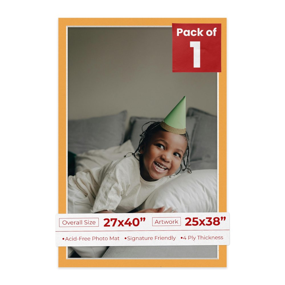 27x40 Mat Bevel Cut for 25x38 Photos - Acid Free Golden Orange Precut Matboard With Backing Board and Crystal Clear, Self Seal Photo Mat Bag - For Pictures, Photos, Framing - 4-ply Thickness