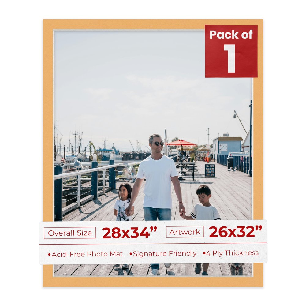 Poster Palooza 28x34 Mat Bevel Cut for 26x32 Photos - Acid Free Topaz Orange Precut Matboard - For Pictures, Photos, Framing - 4-ply Thickness