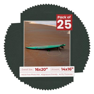 Poster Palooza Pack of 25 Acid Free 16x20 Mats Bevel Cut for 14x16 Photos - Black Precut Matboards With Backing Boards and Clear Photo Mat Bags For Pictures, Photos, Framing - 4-ply Thickness