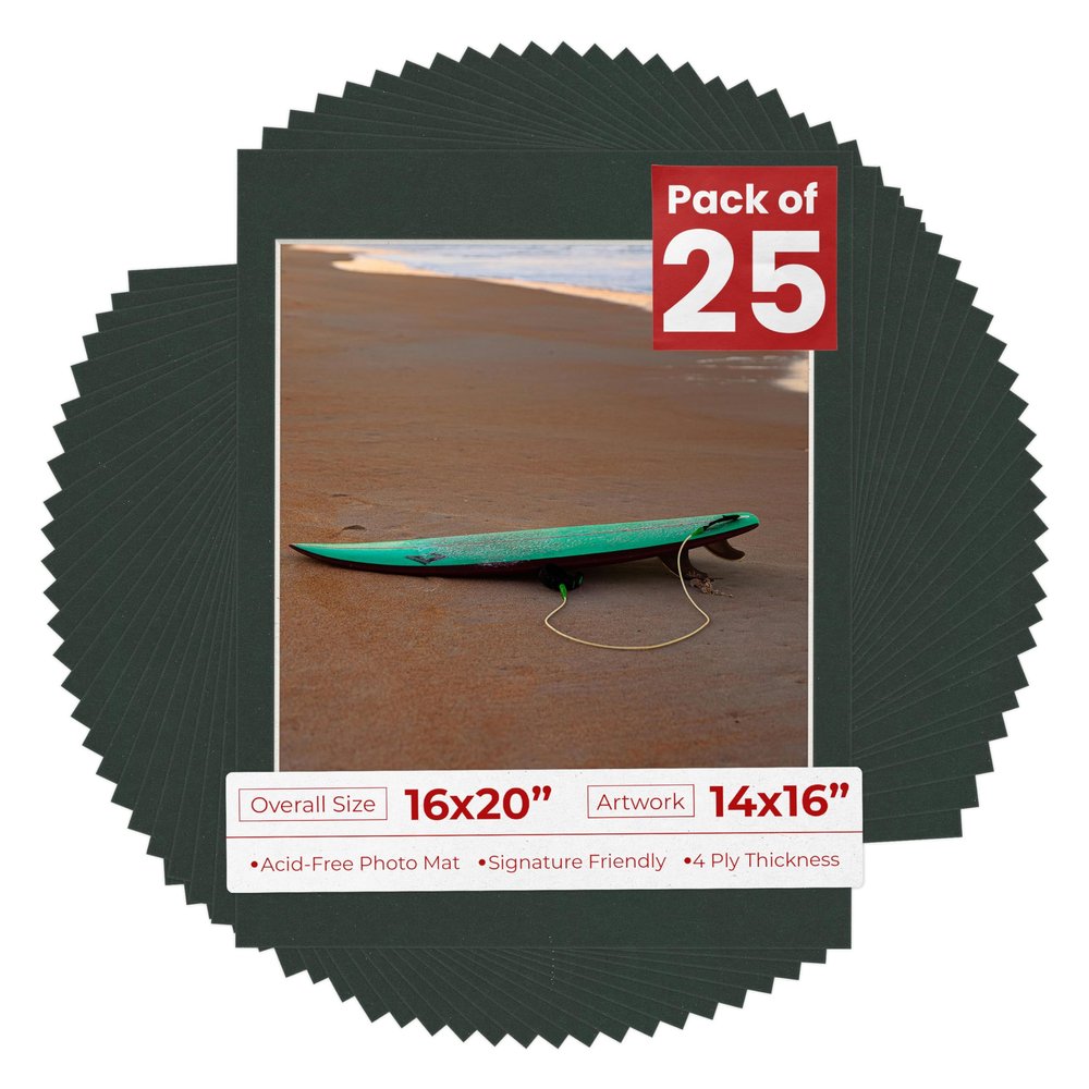 Poster Palooza Pack of 25 Acid Free 16x20 Mats Bevel Cut for 14x16 Photos - Black Precut Matboards With Backing Boards and Clear Photo Mat Bags For Pictures, Photos, Framing - 4-ply Thickness