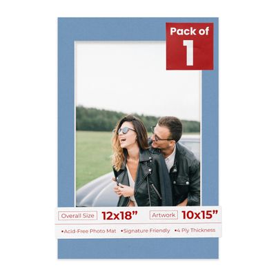 12x18 Mat Bevel Cut for 10x15 Photos - Acid Free Brittany Blue Precut Matboard With Backing Board and Crystal Clear, Self Seal Photo Mat Bag - For Pictures, Photos, Framing - 4-ply Thickness