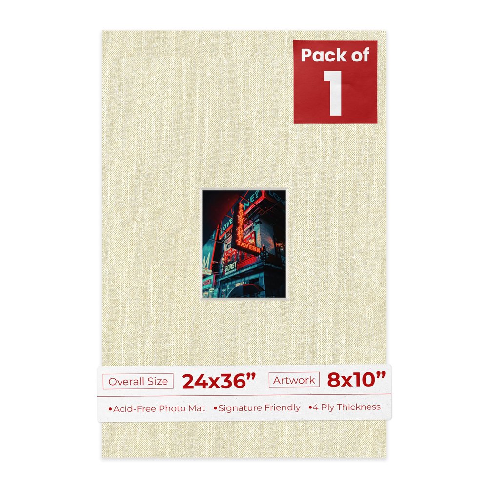 24x36 Mat Bevel Cut for 8x10 Photos - Acid Free Fresh Linen Canvas Precut Matboard With Backing Board and Crystal Clear, Self Seal Photo Mat Bag - For Pictures, Photos, Framing - 4-ply Thickness