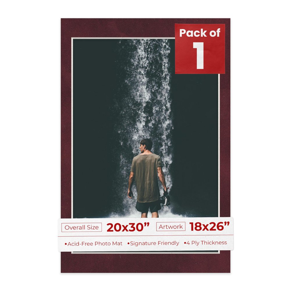 20x30 Mat Bevel Cut for 18x26 Photos - Acid Free Dark Red Suede Precut Matboard With Backing Board and Crystal Clear, Self Seal Photo Mat Bag - For Pictures, Photos, Framing - 4-ply Thickness