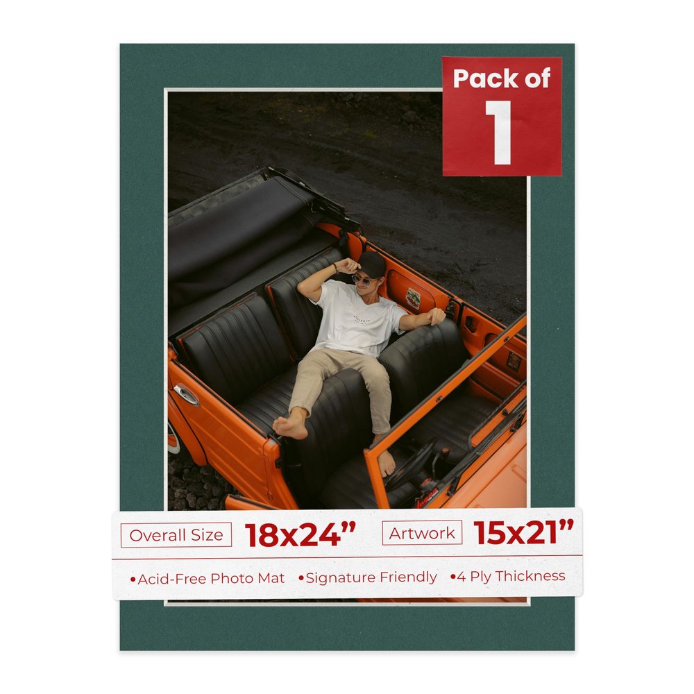 18x24 Mat Bevel Cut for 15x21 Photos - Acid Free Forest Green Precut Matboard With Backing Board and Crystal Clear, Self Seal Photo Mat Bag - For Pictures, Photos, Framing - 4-ply Thickness