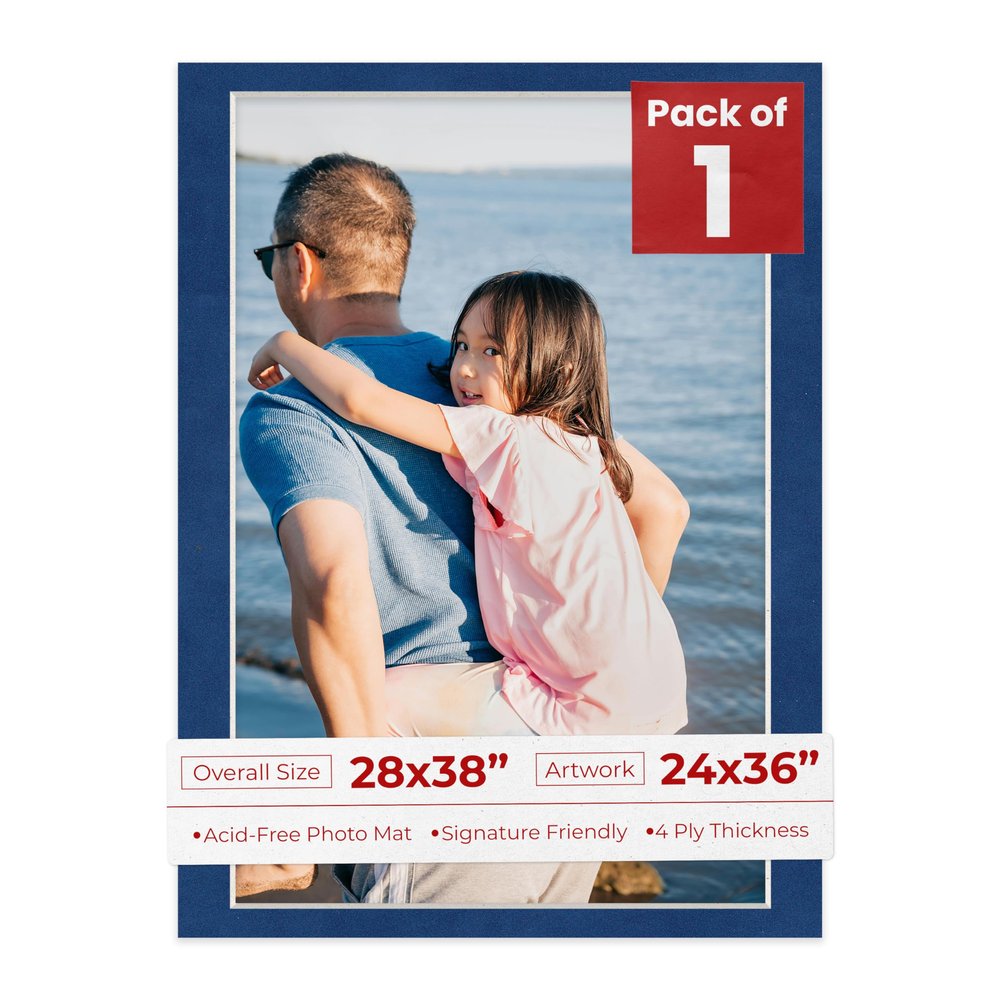 28x38 Mat Bevel Cut for 24x36 Photos - Acid Free Brooke Blue Suede Precut Matboard With Backing Board and Crystal Clear, Self Seal Photo Mat Bag - For Pictures, Photos, Framing - 4-ply Thickness