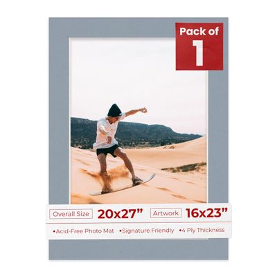 20x27 Mat Bevel Cut for 16x23 Photos - Acid Free Mid Grey Precut Matboard With Backing Board and Crystal Clear, Self Seal Photo Mat Bag - For Pictures, Photos, Framing - 4-ply Thickness