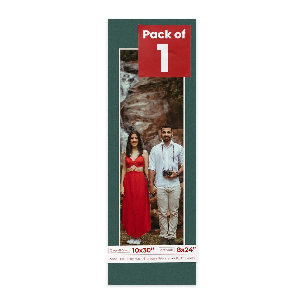 10x30 Mat Bevel Cut for 8x24 Photos - Acid Free Forest Green Precut Matboard With Backing Board and Crystal Clear, Self Seal Photo Mat Bag - For Pictures, Photos, Framing - 4-ply Thickness