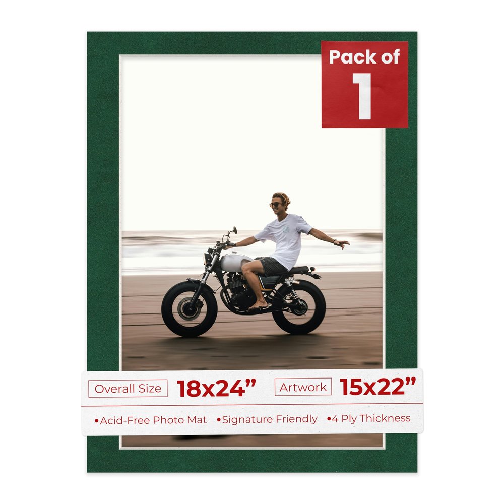 18x24 Mat Bevel Cut for 15x22 Photos - Acid Free Green Suede Precut Matboard With Backing Board and Crystal Clear, Self Seal Photo Mat Bag - For Pictures, Photos, Framing - 4-ply Thickness