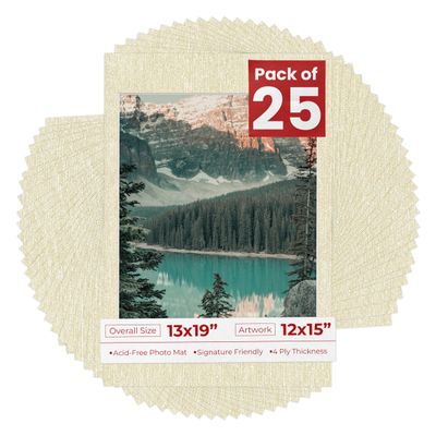 Pack of 25 Acid Free 13x19 Mats Bevel Cut for 12x15 Photos - Fresh Linen Canvas Precut Matboards With Backing Boards and Clear Photo Mat Bags For Pictures, Photos, Framing - 4-ply Thickness