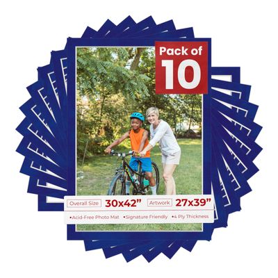 Poster Palooza Pack of TEN 30x42 Mats Bevel Cut for 27x39 Photos - Acid Free Royal Blue Suede Precut Matboards For Pictures, Photos, Framing - 4-ply Thickness