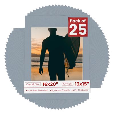 Poster Palooza Pack of 25 Acid Free 16x20 Mats Bevel Cut for 13x15 Photos - Mid Grey Precut Matboards With Backing Boards and Clear Photo Mat Bags For Pictures, Photos, Framing - 4-ply Thickness