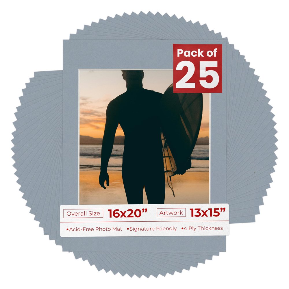 Poster Palooza Pack of 25 Acid Free 16x20 Mats Bevel Cut for 13x15 Photos - Mid Grey Precut Matboards With Backing Boards and Clear Photo Mat Bags For Pictures, Photos, Framing - 4-ply Thickness