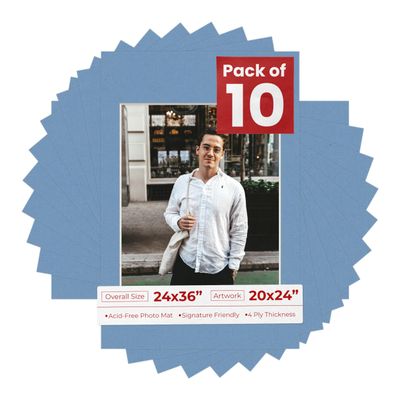 Pack of Ten 24x36 Mats Bevel Cut for 20x24 Photos - Acid Free Brittany Blue Precut Matboards for Pictures, Photos, Framing - 4-ply Thickness