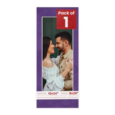10x24 Mat Bevel Cut for 8x20 Photos - Acid Free Purple Crocus Suede Precut Matboard With Backing Board and Crystal Clear, Self Seal Photo Mat Bag - For Pictures, Photos, Framing - 4-ply Thickness