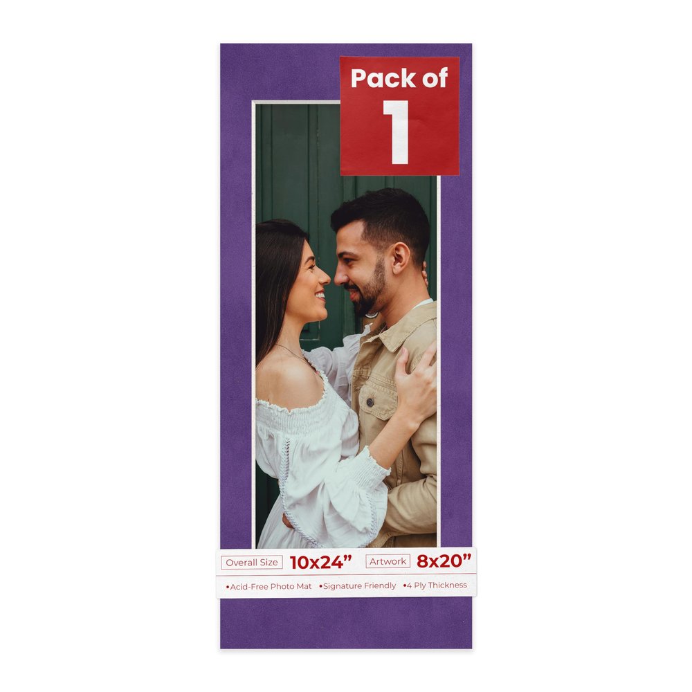 10x24 Mat Bevel Cut for 8x20 Photos - Acid Free Purple Crocus Suede Precut Matboard With Backing Board and Crystal Clear, Self Seal Photo Mat Bag - For Pictures, Photos, Framing - 4-ply Thickness
