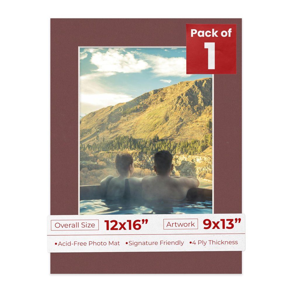 12x16 Mat Bevel Cut for 9x13 Photos - Acid Free Maroon Red Precut Matboard With Backing Board and Crystal Clear, Self Seal Photo Mat Bag - For Pictures, Photos, Framing - 4-ply Thickness
