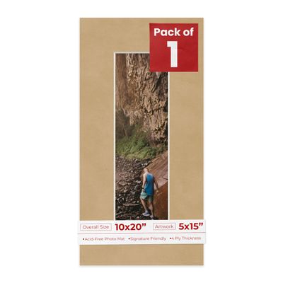 10x20 Mat Bevel Cut for 5x15 Photos - Acid Free Beige Suede Precut Matboard With Backing Board and Crystal Clear, Self Seal Photo Mat Bag - For Pictures, Photos, Framing - 4-ply Thickness