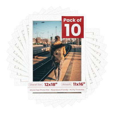 Pack of Ten Acid Free 12x18 Mats Bevel Cut for 11x16 Photos - Oyster Shell White Precut Matboards With Backing Boards and Self Seal Photo Mat Bags For Pictures, Photos, Framing - 4-ply Thickness