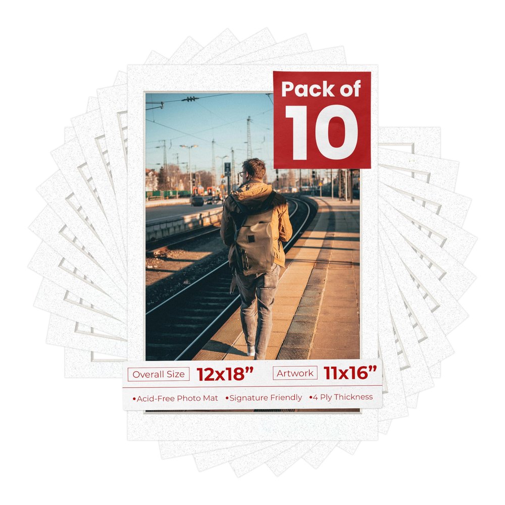 Pack of Ten Acid Free 12x18 Mats Bevel Cut for 11x16 Photos - Oyster Shell White Precut Matboards With Backing Boards and Self Seal Photo Mat Bags For Pictures, Photos, Framing - 4-ply Thickness