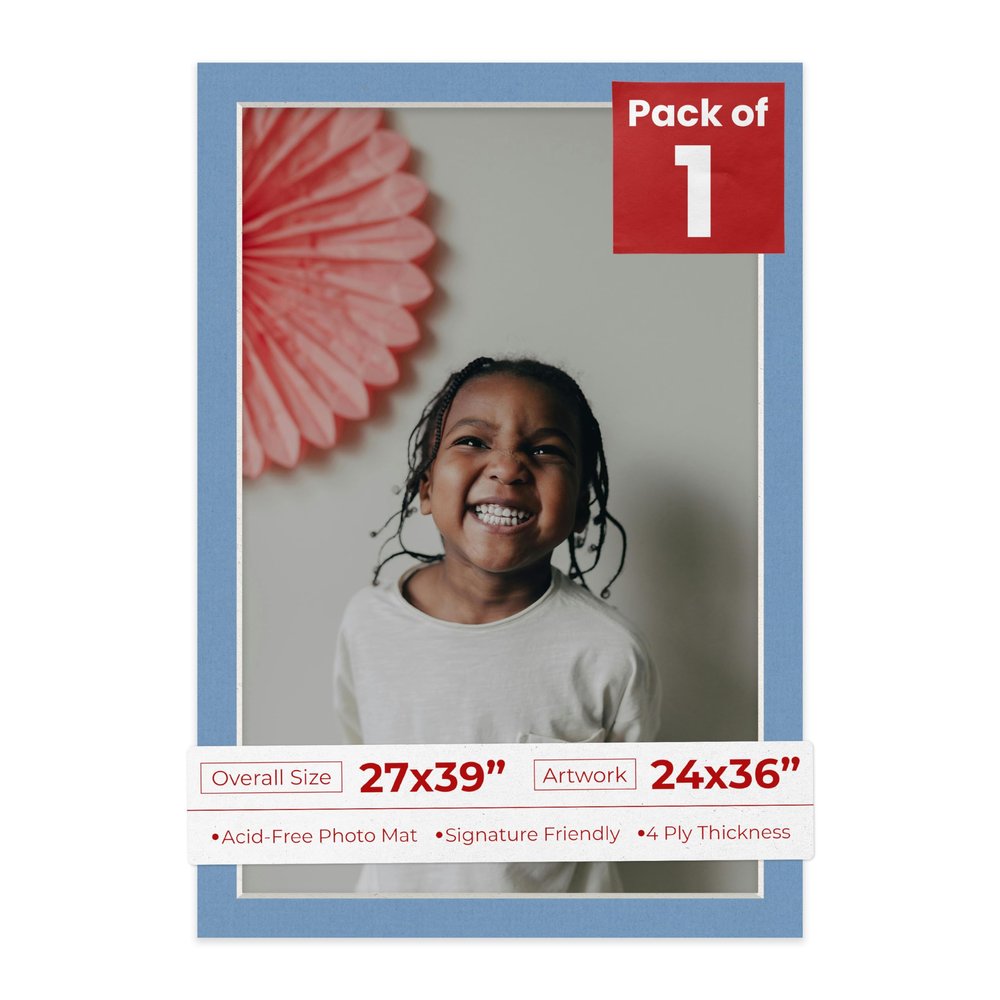 27x39 Mat Bevel Cut for 24x36 Photos - Acid Free Brittany Blue Precut Matboard With Backing Board and Crystal Clear, Self Seal Photo Mat Bag - For Pictures, Photos, Framing - 4-ply Thickness