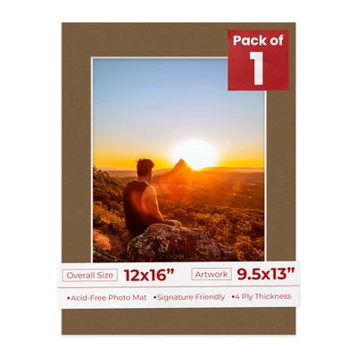 12x16 Mat Bevel Cut for 9.5x13 Photos - Acid Free Aged Oak Brown Precut Matboard With Backing Board and Crystal Clear, Self Seal Photo Mat Bag - For Pictures, Photos, Framing - 4-ply Thickness