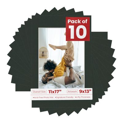 Pack of Ten Acid Free 11x17 Mats Bevel Cut for 9x13 Photos - Textured Black Precut Matboards With Backing Boards and Self Seal Photo Mat Bags For Pictures, Photos, Framing - 4-ply Thickness
