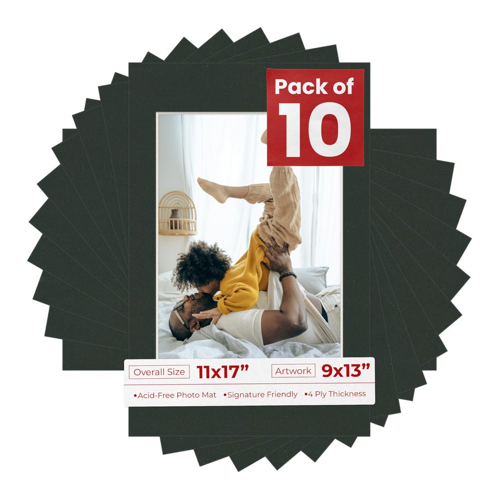 Pack of Ten Acid Free 11x17 Mats Bevel Cut for 9x13 Photos - Textured Black Precut Matboards With Backing Boards and Self Seal Photo Mat Bags For Pictures, Photos, Framing - 4-ply Thickness