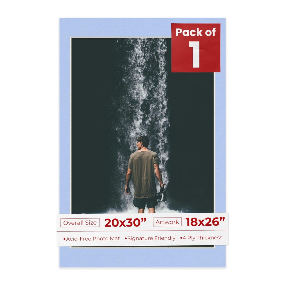 20x30 Mat Bevel Cut for 18x26 Photos - Acid Free Baby Blue Precut Matboard With Backing Board and Crystal Clear, Self Seal Photo Mat Bag - For Pictures, Photos, Framing - 4-ply Thickness