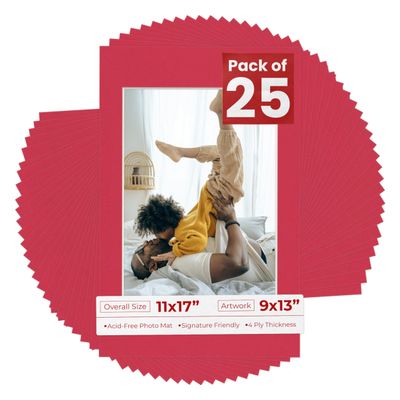 Poster Palooza Pack of 25 Acid Free 11x17 Mats Bevel Cut for 9x13 Photos - Deep Red Precut Matboards for Pictures, Photos, Framing - 4-ply Thickness
