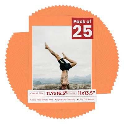 Poster Palooza Pack of 25 Acid Free 11.7x16.5 Mats Bevel Cut for 11x13.5 Photos - Orange Precut Matboards For Pictures, Photos, Framing - 4-ply Thickness