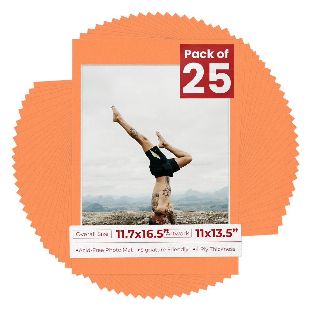 Poster Palooza Pack of 25 Acid Free 11.7x16.5 Mats Bevel Cut for 11x13.5 Photos - Orange Precut Matboards For Pictures, Photos, Framing - 4-ply Thickness