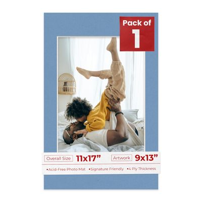 11x17 Mat Bevel Cut for 9x13 Photos - Acid Free Brittany Blue Precut Matboard With Backing Board and Crystal Clear, Self Seal Photo Mat Bag - For Pictures, Photos, Framing - 4-ply Thickness