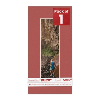 10x20 Mat Bevel Cut for 5x15 Photos - Acid Free Brick Red Precut Matboard With Backing Board and Crystal Clear, Self Seal Photo Mat Bag - For Pictures, Photos, Framing - 4-ply Thickness