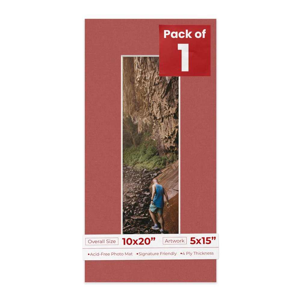 10x20 Mat Bevel Cut for 5x15 Photos - Acid Free Brick Red Precut Matboard With Backing Board and Crystal Clear, Self Seal Photo Mat Bag - For Pictures, Photos, Framing - 4-ply Thickness