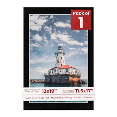 13x19 Mat Bevel Cut for 11.5x17 Photos - Acid Free Black with Black Core Precut Matboard With Backing Board and Crystal Clear, Self Seal Photo Mat Bag - For Pictures, Photos, Framing - 4-ply Thickness