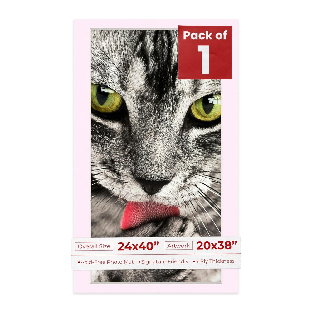 24x40 Mat Bevel Cut for 20x38 Photos - Acid Free Soft Pink Precut Matboard With Backing Board and Crystal Clear, Self Seal Photo Mat Bag - For Pictures, Photos, Framing - 4-ply Thickness