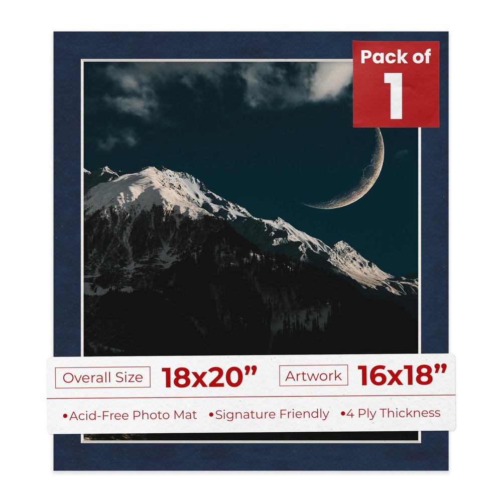 18x20 Mat Bevel Cut for 16x18 Photos - Acid Free Navy Suede Precut Matboard With Backing Board and Crystal Clear, Self Seal Photo Mat Bag - For Pictures, Photos, Framing - 4-ply Thickness