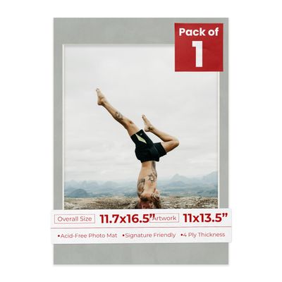 11.7x16.5 Mat Bevel Cut for 11x13.5 Photos - Acid Free Light Grey Suede Precut Matboard With Backing Board and Crystal Clear, Self Seal Photo Mat Bag - For Pictures, Photos, Framing - 4-ply Thickness