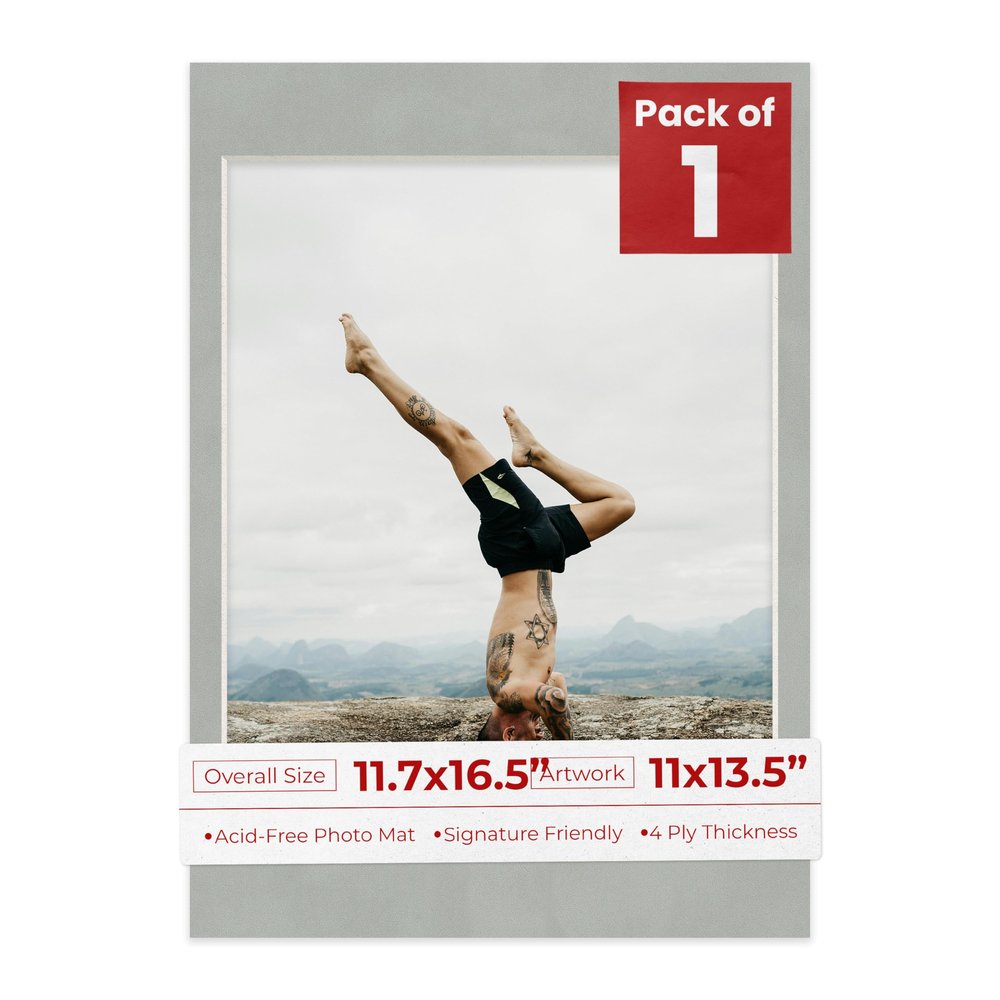 11.7x16.5 Mat Bevel Cut for 11x13.5 Photos - Acid Free Light Grey Suede Precut Matboard With Backing Board and Crystal Clear, Self Seal Photo Mat Bag - For Pictures, Photos, Framing - 4-ply Thickness