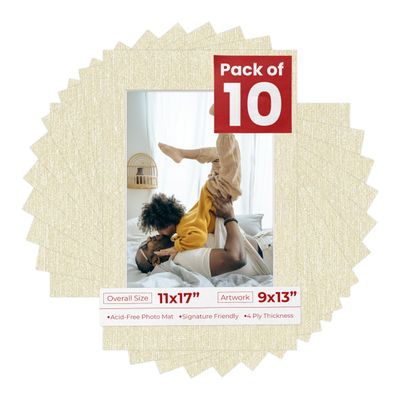 Poster Palooza Pack of Ten 11x17 Mats Bevel Cut for 9x13 Photos - Acid Free Fresh Linen Canvas Precut Matboards for Pictures, Photos, Framing - 4-ply Thickness