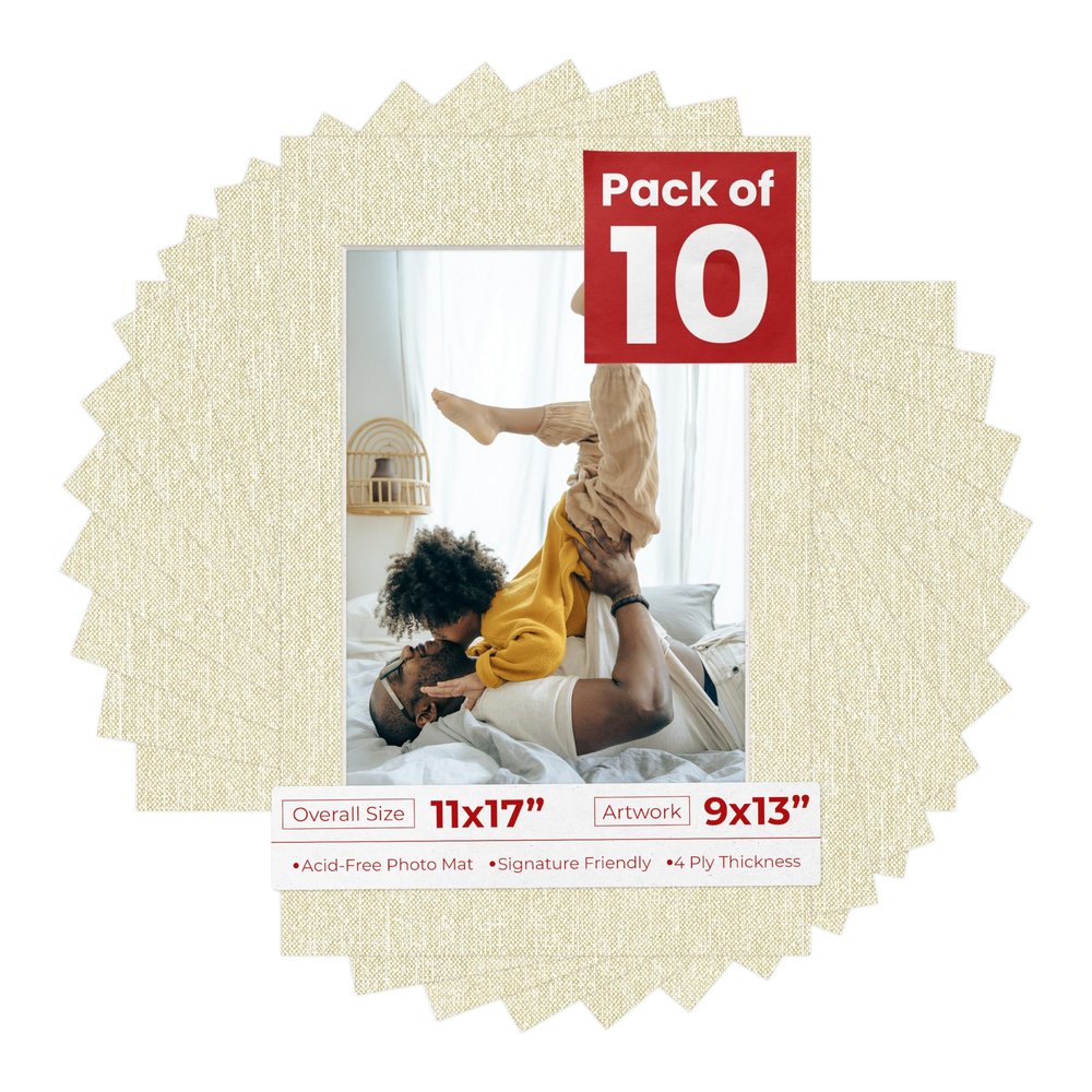 Poster Palooza Pack of Ten 11x17 Mats Bevel Cut for 9x13 Photos - Acid Free Fresh Linen Canvas Precut Matboards for Pictures, Photos, Framing - 4-ply Thickness