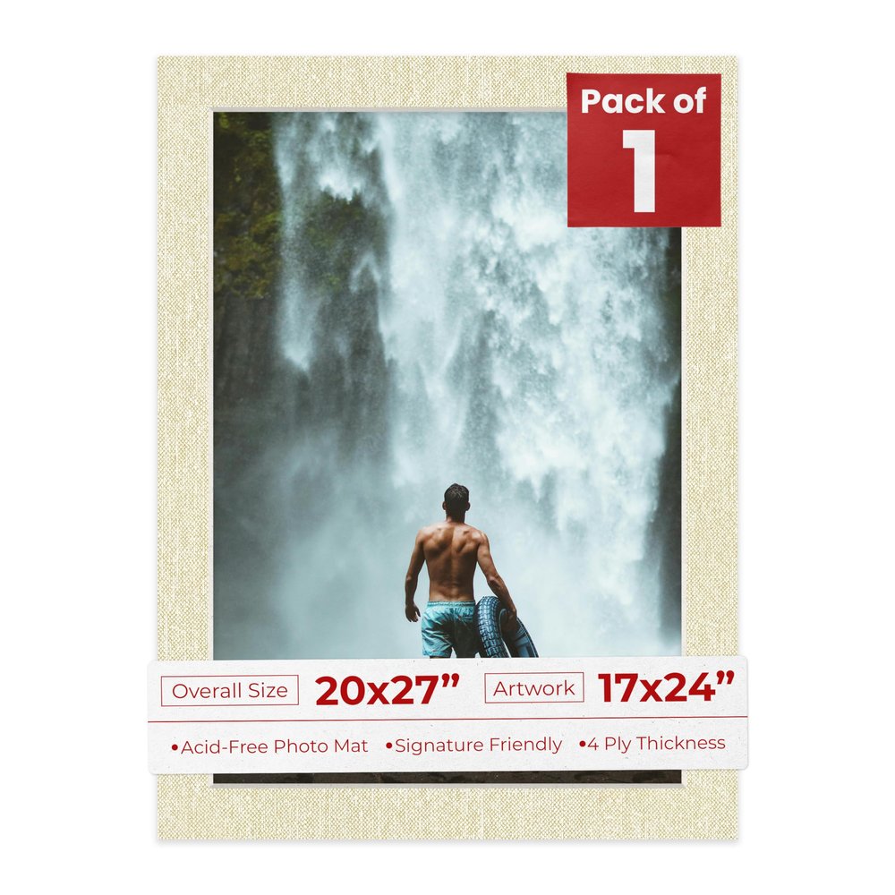 20x27 Mat Bevel Cut for 17x24 Photos - Acid Free Fresh Linen Canvas Precut Matboard With Backing Board and Crystal Clear, Self Seal Photo Mat Bag - For Pictures, Photos, Framing - 4-ply Thickness
