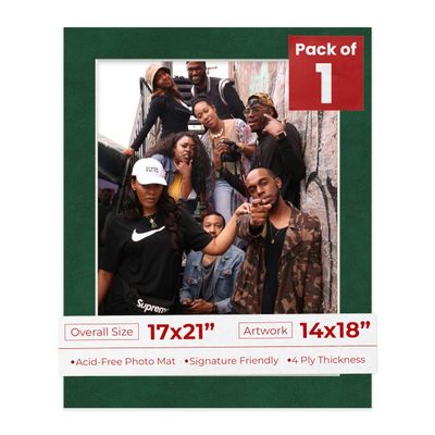 17x21 Mat Bevel Cut for 14x18 Photos - Acid Free Green Suede Precut Matboard With Backing Board and Crystal Clear, Self Seal Photo Mat Bag - For Pictures, Photos, Framing - 4-ply Thickness